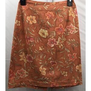 Talbots Pencil Skirt Women Petite 2P Orange Floral Linen Cotton Blend Zip Close